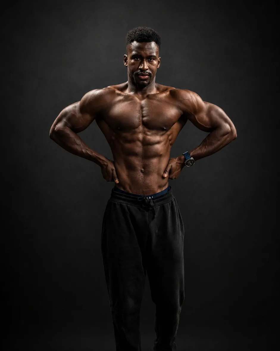 Coach Mo, founder and head coach of CALIBRE, standing with hands on hips against a dark studio backdrop