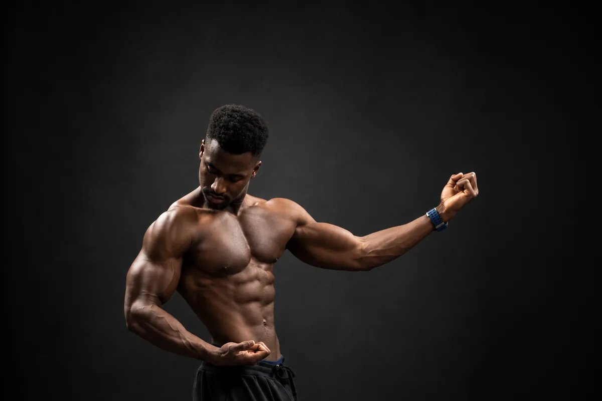 Coach Mo, founder of CALIBRE, holding a flexed pose against a dark studio backdrop